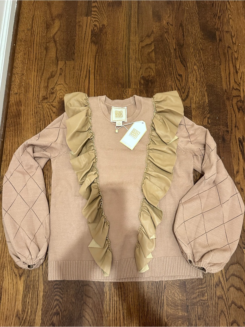 Women’s Pink Ruffle-Trim Crewneck Sweater with Balloon Sleeves